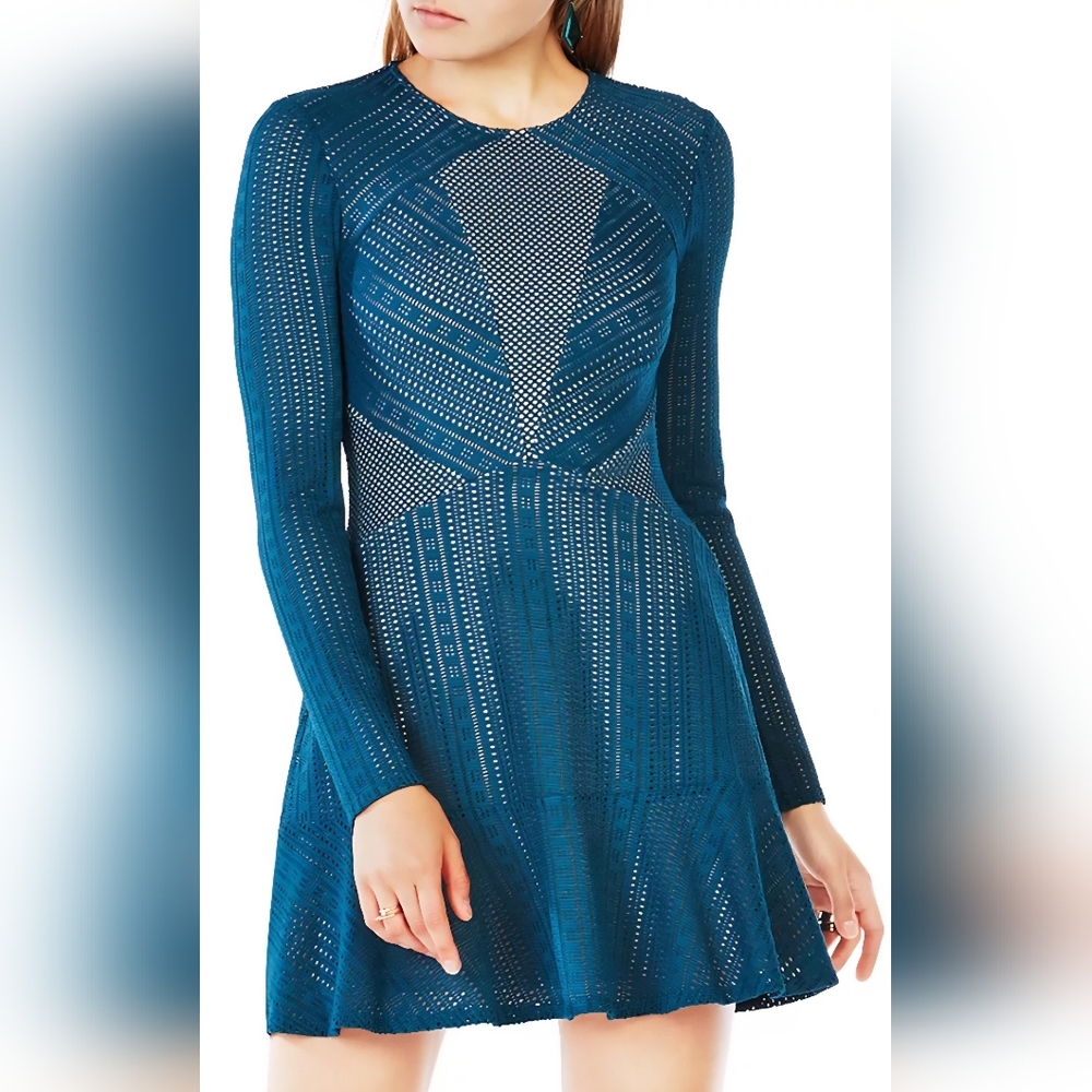 BCBGMAXAZRIA Teal Daina Pointelle Lace Mini Dress Fully Lined Size L